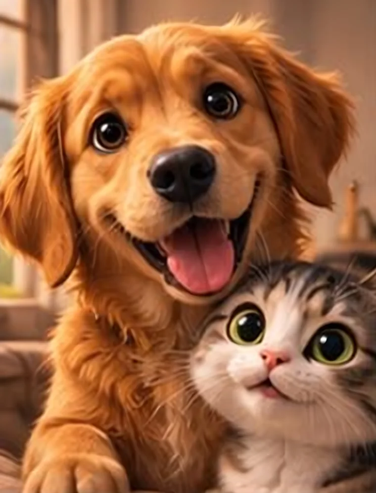 Ilustración de un perro dorado sonriente junto a un gatito