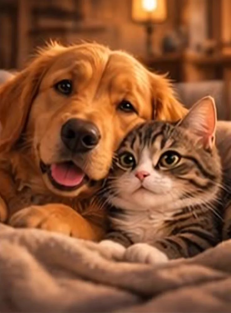 Ilustración de un perro y un gato abrazados sobre una manta