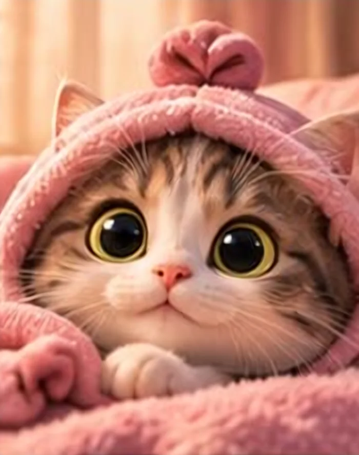 Ilustración de un gatito envuelto en una toalla rosa