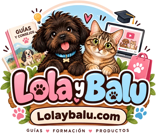 Logotipo de Lola y Balú: Lola, una perrita de pelo rizado color chocolate, y Balú, un gato atigrado, con guías, formación y productos